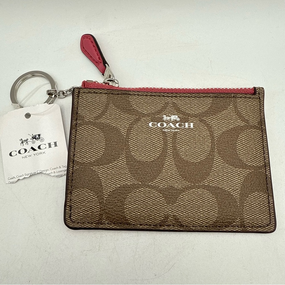 Coach Mini Skinny Signature Khaki Magenta Key Chain Card Case ID Wallet